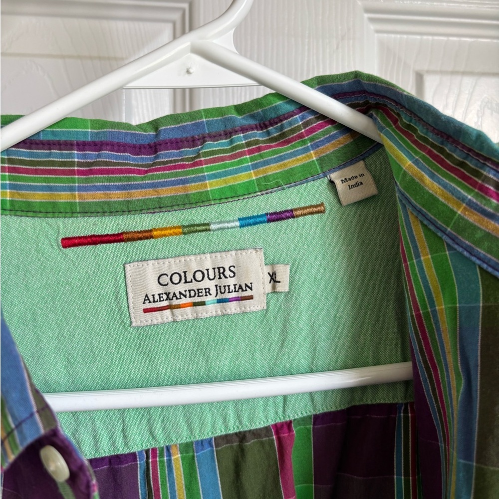 Alexander Julian Striped Casual Button-Down Shirt in Green, Purple, Blue